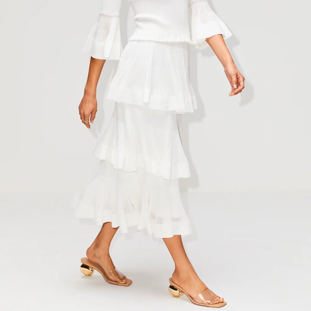 Zimmermann Cotton-Blend Rib-Knit Tiered Midi-Skirt Cream Size 2 (6-8) - Picture 3 of 14